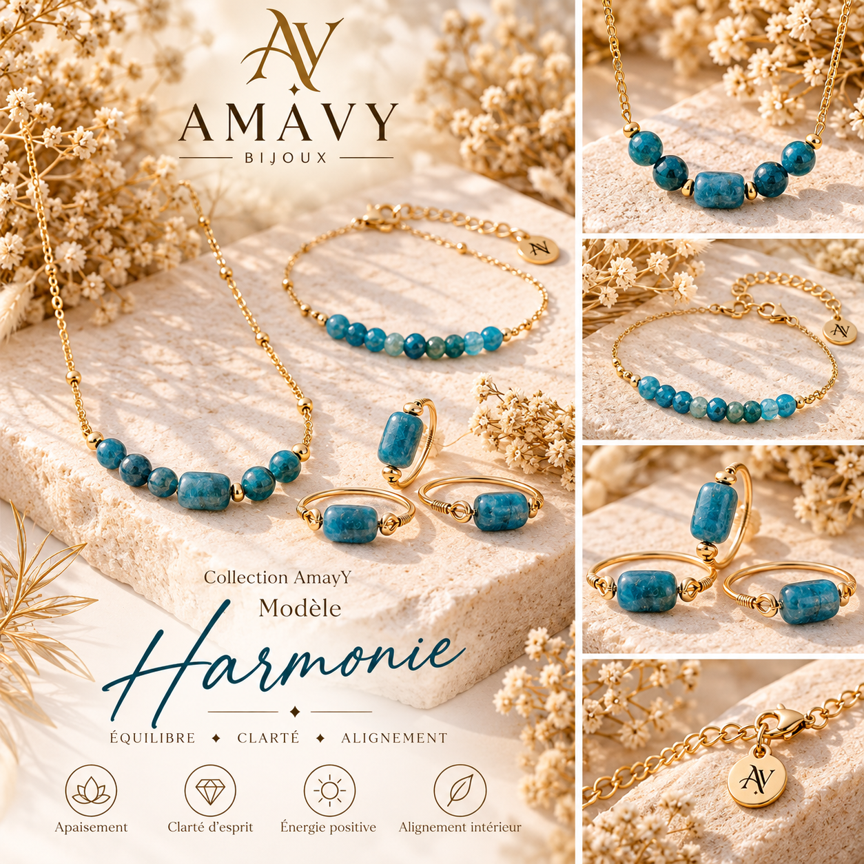 Collection Harmonie, bijoux bleus inspirés de l’apatite