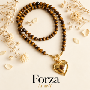 Collier Forza en perles d’œil de tigre et pendentif cœur doré – AmavY