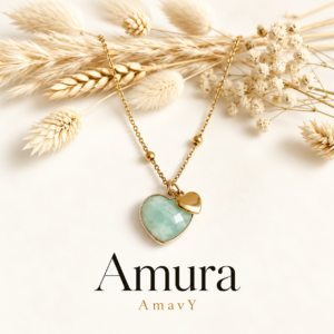 Collier Amura en amazonite vert d’eau en forme de cœur, sur chaîne dorée AmavY